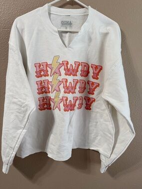 White Sweatshirt with Pink & Yellow 'Howdy' Graphic